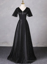 Black V-neck Short Sleeve Prom Dress